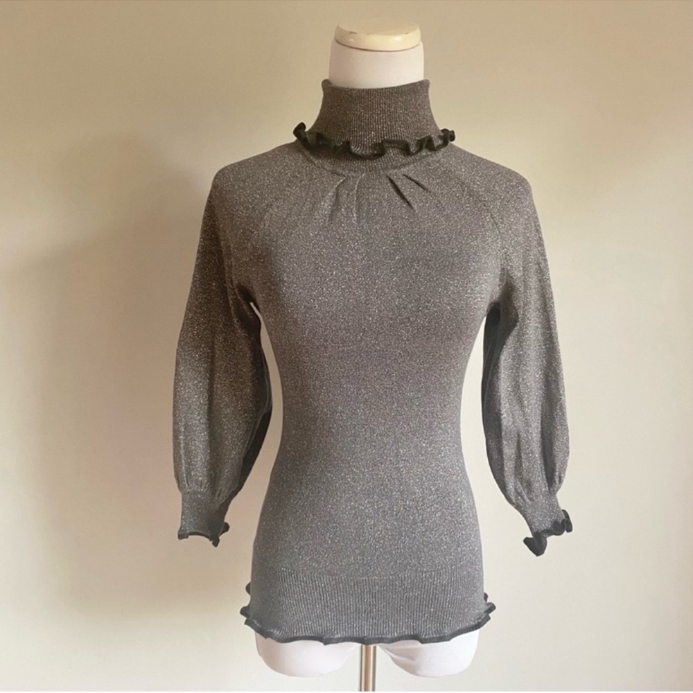 EXPRESS Design Studio Grey Glitter Knitted Turtleneck 3/4 Sleeves Sweater